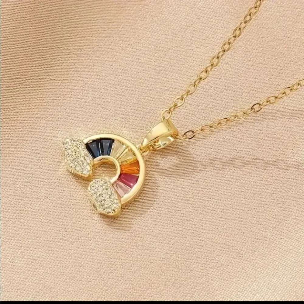 18K Gold Plates Diamond Rainbow & Clouds Necklace